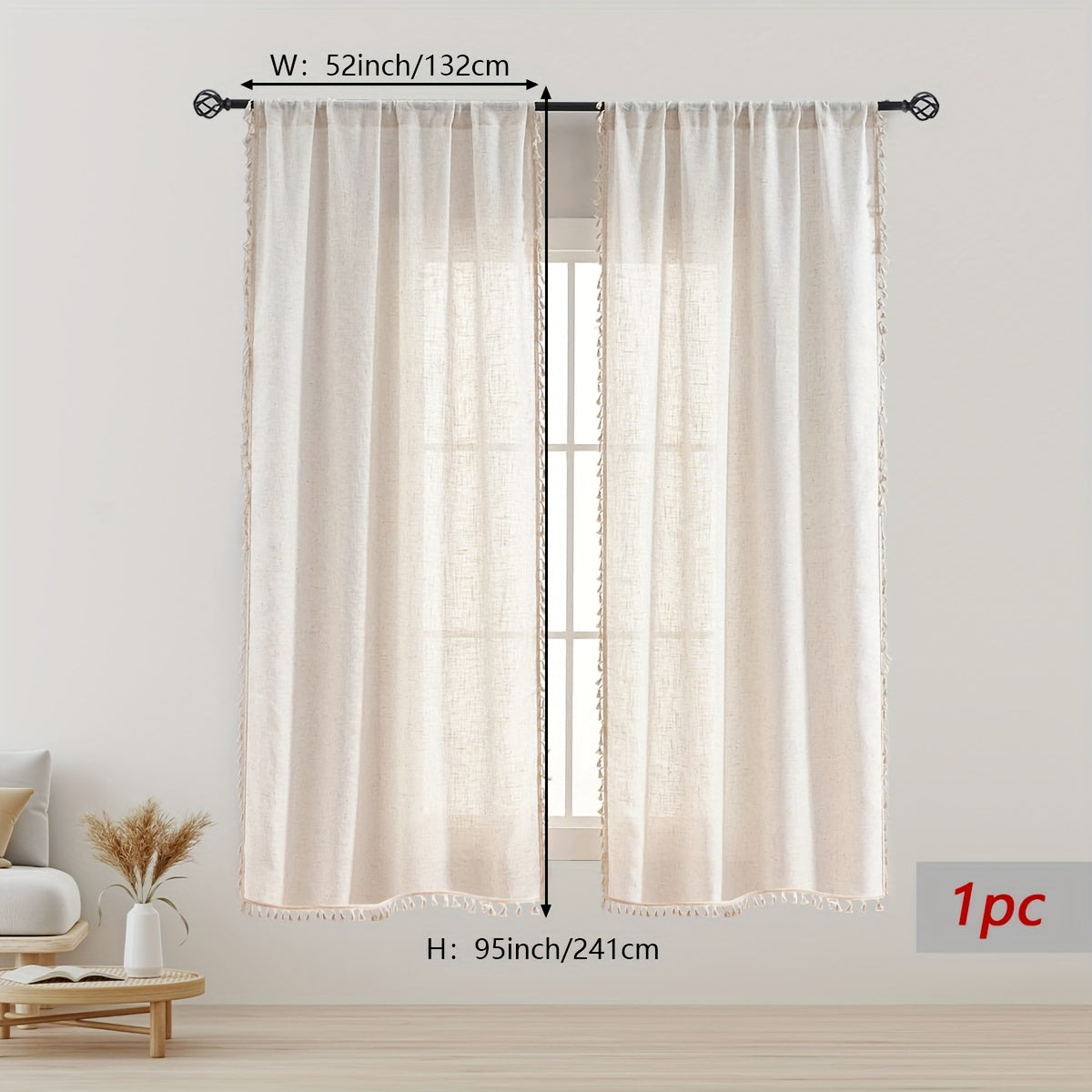 Linen Bohemian Lace Curtain with Rod Design Natural Wood Color Single