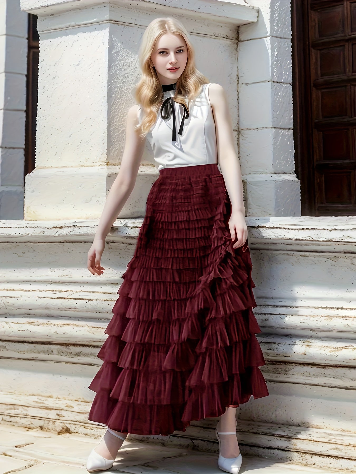 Women's Tiered Ruffle Tulle Skirt Solid Color Spring Summer Casual
