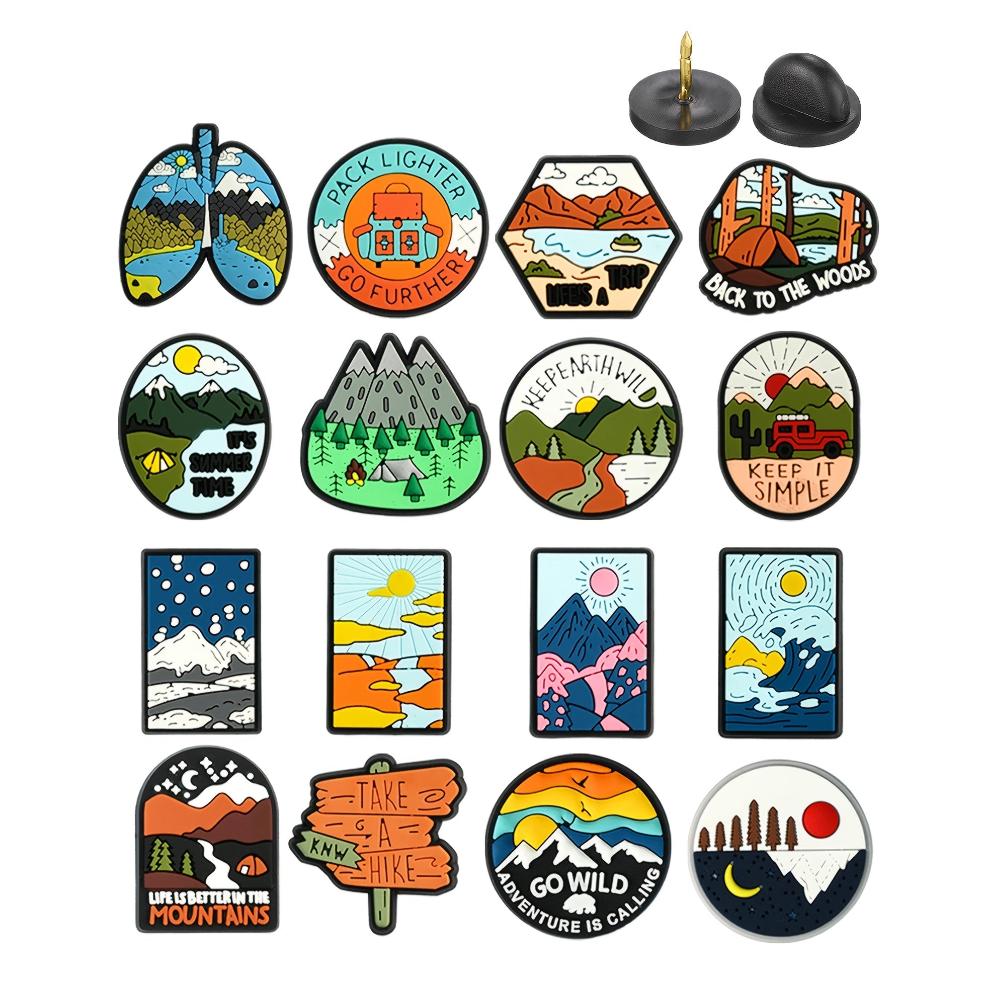 Set of 16 Adventure Themed Plastic Brooch Pins for Travel and Nature Enthusiasts