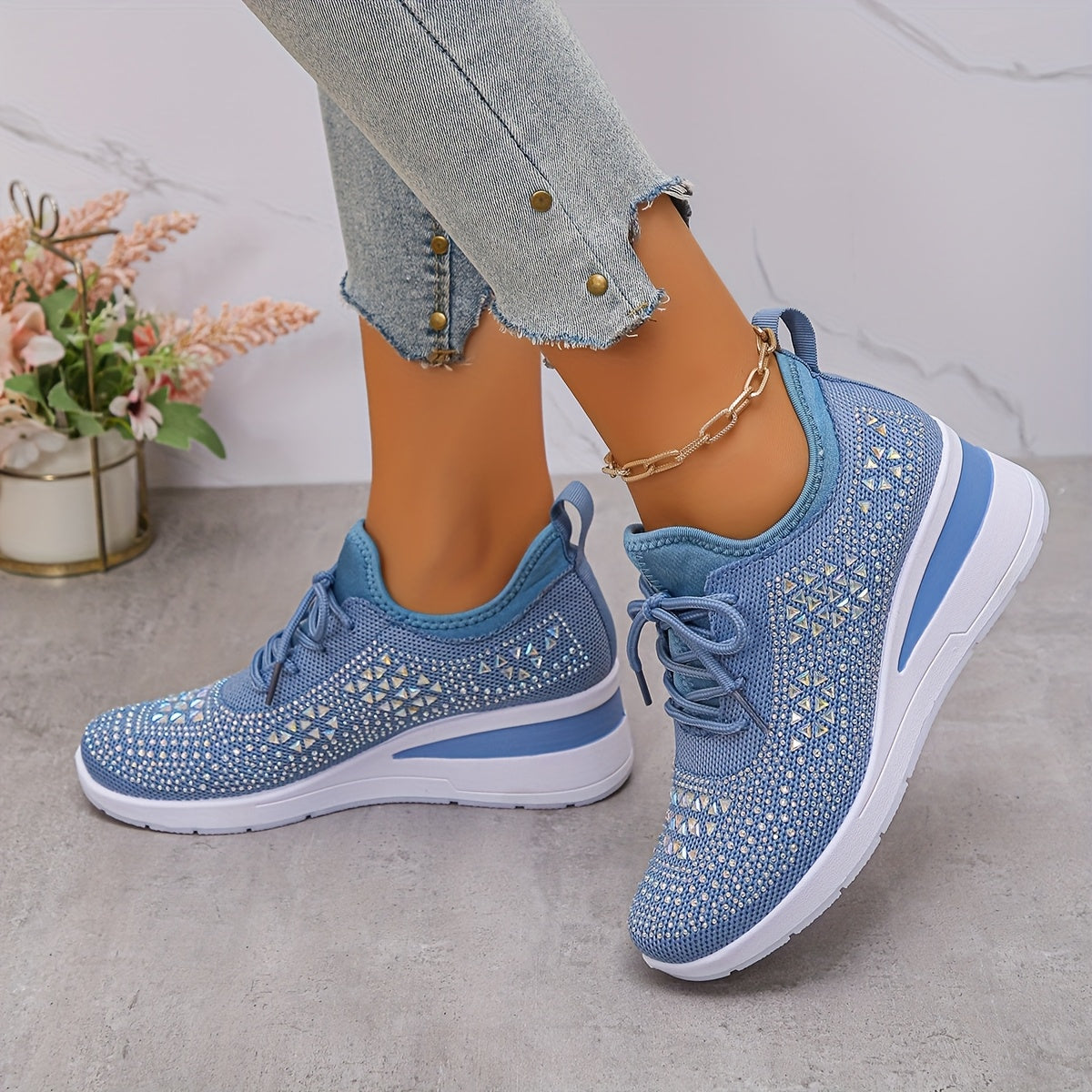 Women's Rhinestone Sneakers Black Casual Low-Top Lace-Up Comfort Footwear