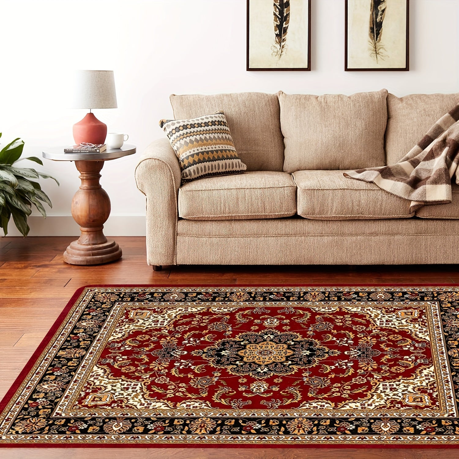 Bir dona qizil vintage naqshli yumshoq flanel non-slip pol matozi oshxona va hammom uchun. Kvadrat shaklida, 480g vaznida va 1 sm qalinlikda.