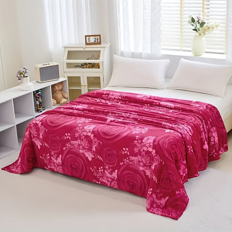 Red Flannel Bed Blanket with Woven Peony Pattern Polyester All-Season Comfort