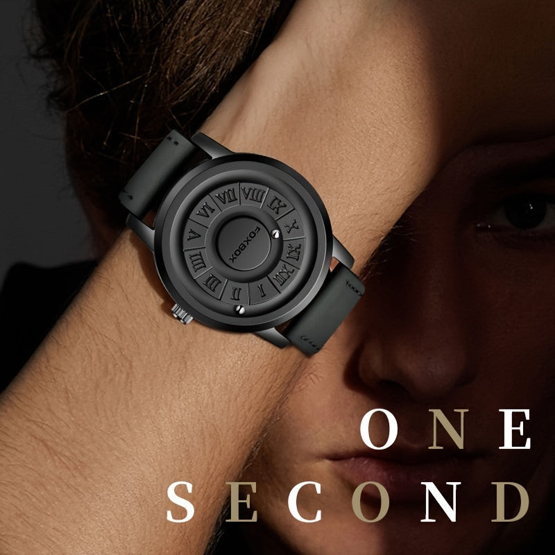 Reloj para hombre con pantalla de esfera única y diseño de correa de cuero con perlas magnéticas giratorias