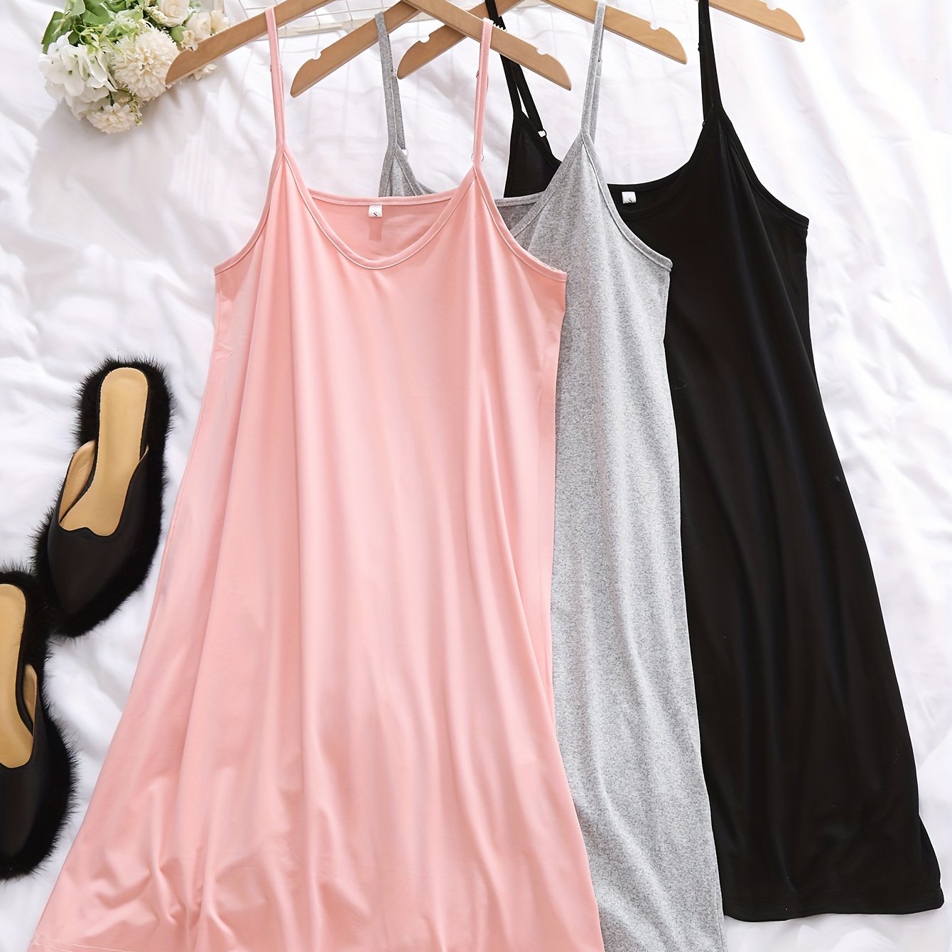 Set of 3 Solid Nightdresses for Women with Crew Neck and Spaghetti Straps