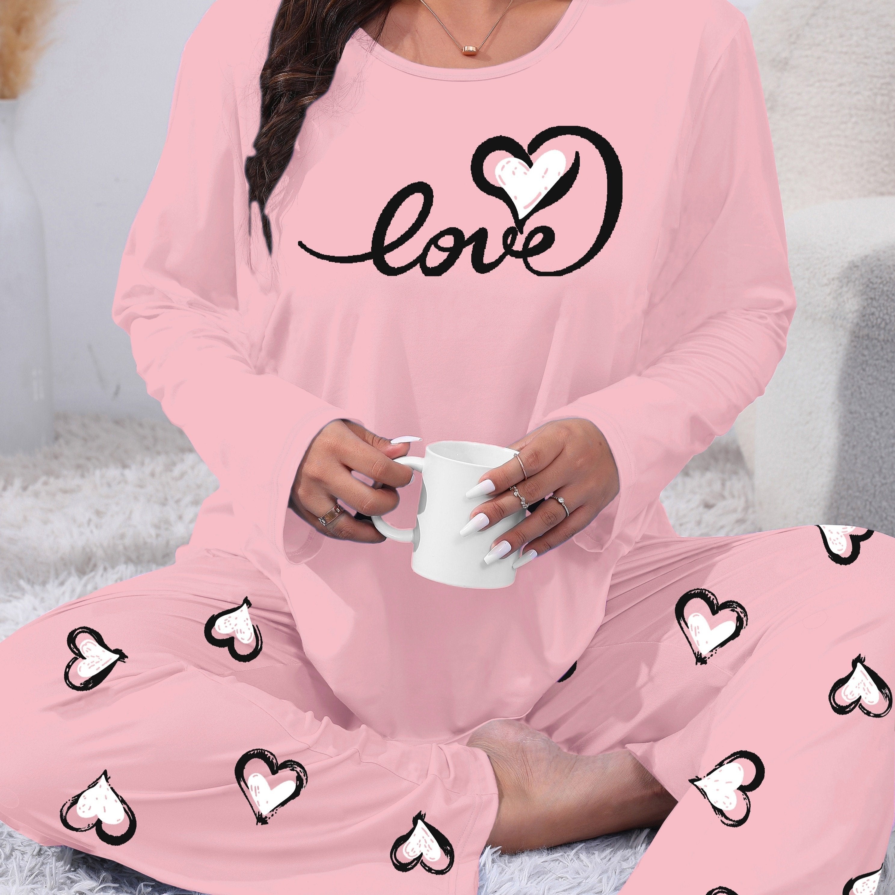 Plus Size Women's Knit Pajama Set Long Sleeve Heart Print Lounge Sleepwear