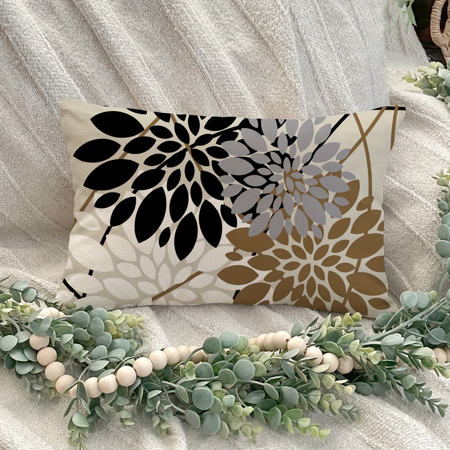 Dahlia gullari yostiq qoplami Qora jigarrang Zamonaviy fermacha bezaklari Sofaga yotadigan yostiq Polyester