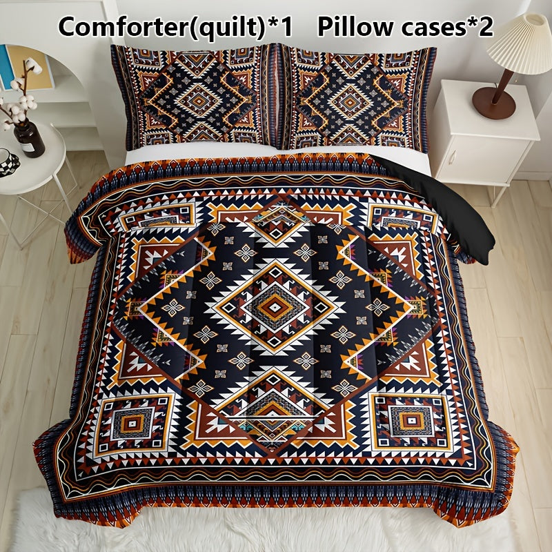 3-Piece Bohemian Plaid Quilt Set with Pillowcases All-Season Breathable Bedding