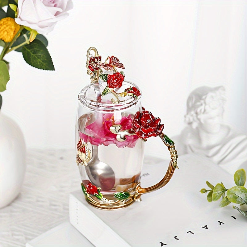 Enamel Crystal Tea Cup with Butterfly and Rose Design Heat Resistant for Coffee Water