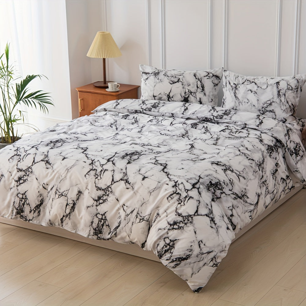 Black and White Marble Print Bedding Set 3 Piece Polyester Duvet Cover and Pillowcases