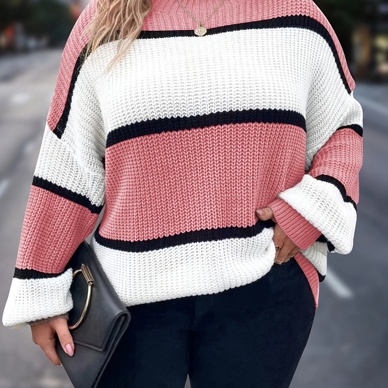 Plus Size Women's Striped Knit Sweater Long Sleeve Mock Neck Fall Winter