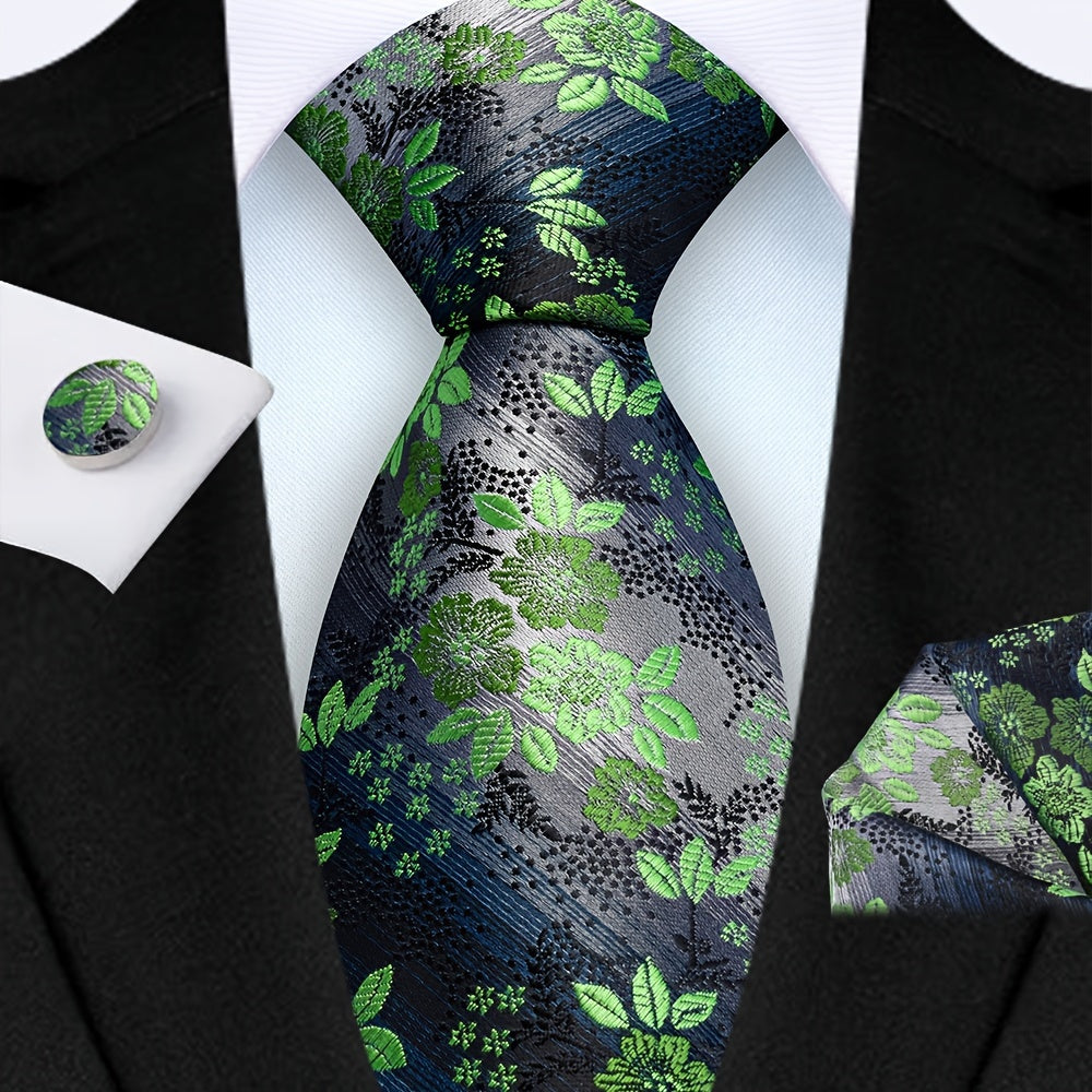 Men's 3-Piece Tie Set Floral Design Polyester Necktie Pocket Square Cufflinks for Weddings Business