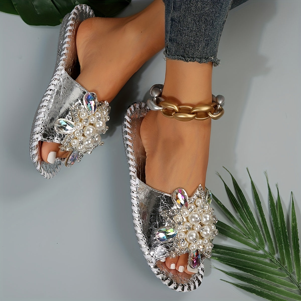 Women's Hand Stitched Floral Rhinestone Pearl Open Toe Slippers for Outdoor Casual