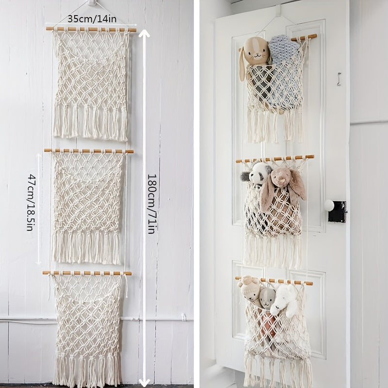 3-Tier Hanging Woven Fabric Storage Bag for Bedrooms and Playrooms with Fringe