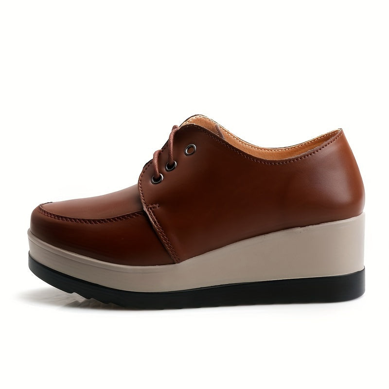 Women's Lace-Up Platform Wedge Loafers with Round Toe and Low Top