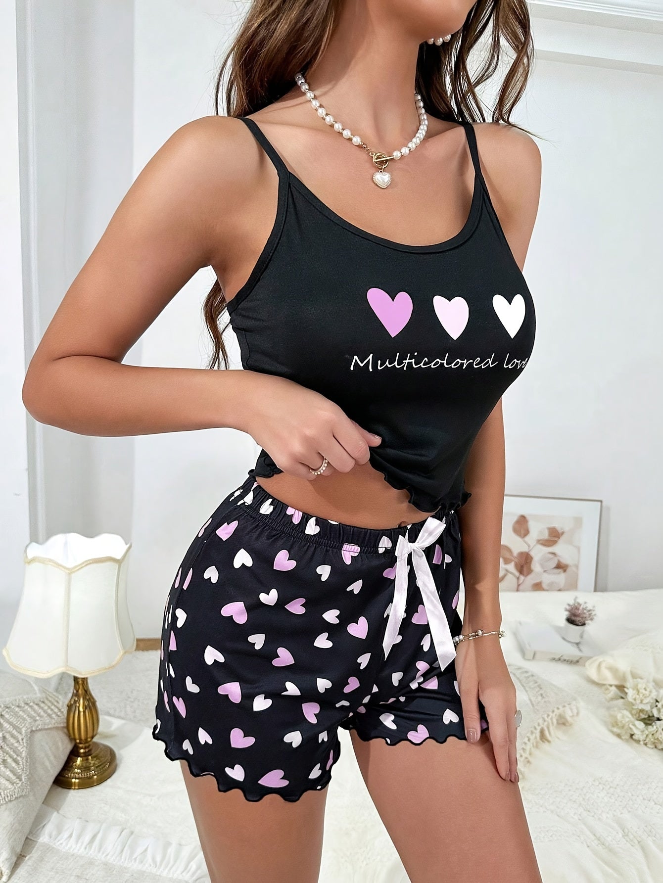 Women's Heart and Letter Print Pajama Set with Lettuce Trim Crop Top and Bow Shorts