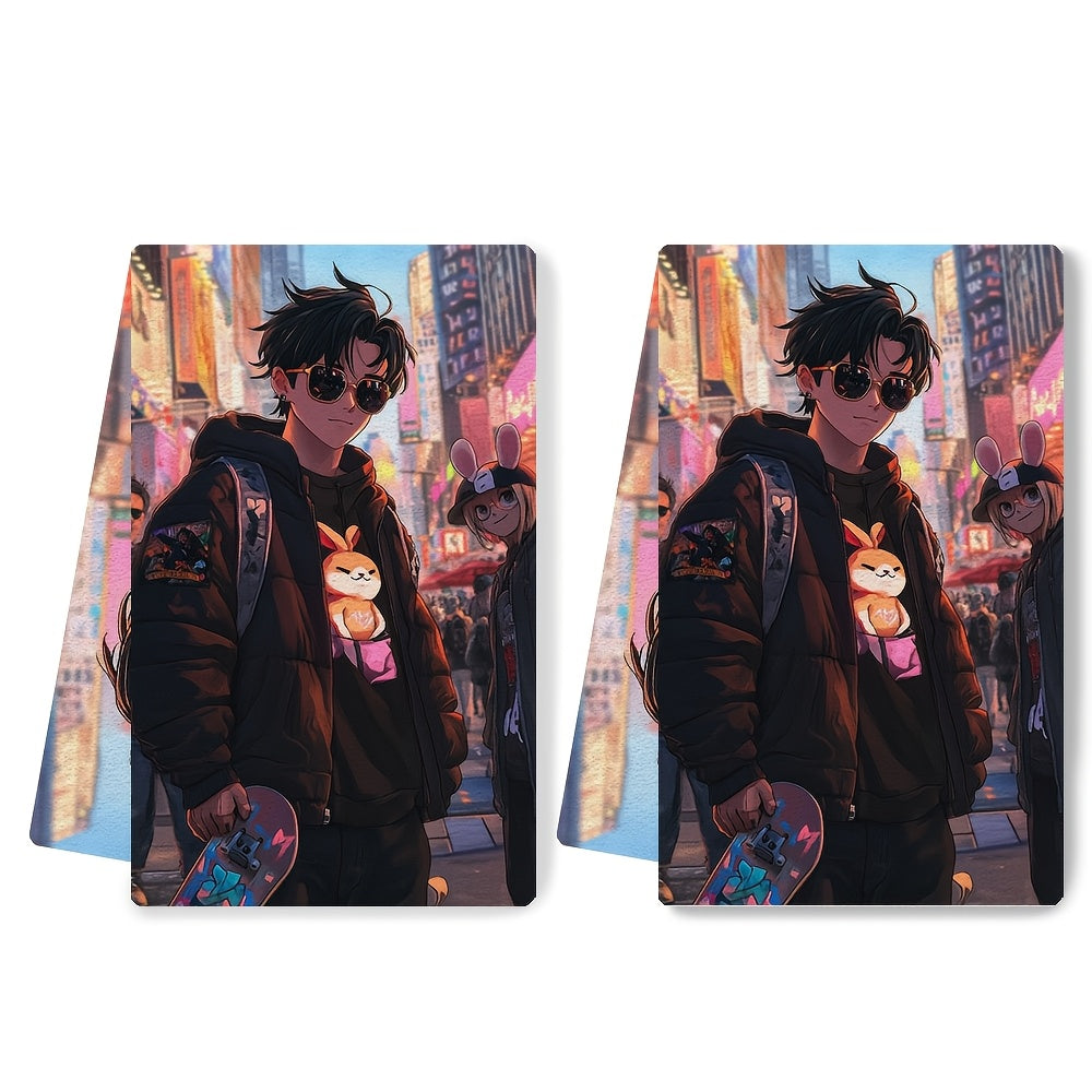 Set of 2 Anime Boy Skateboarding Kitchen Towels 16x24 Inches Absorbent
