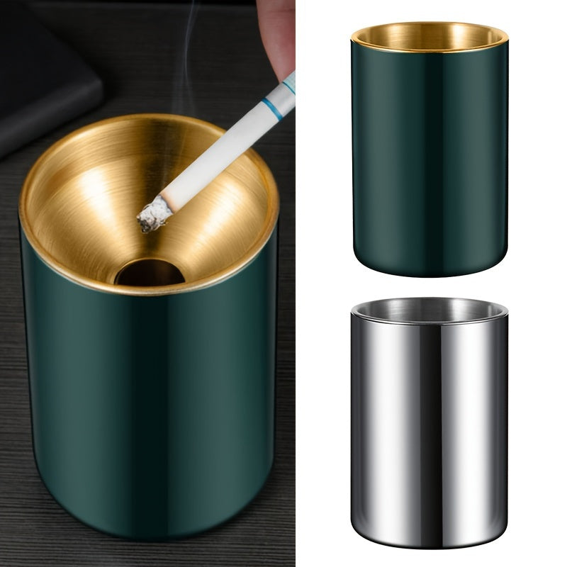 Stainless Steel Ashtray with Gold Rim Windproof Smokeless Indoor Outdoor