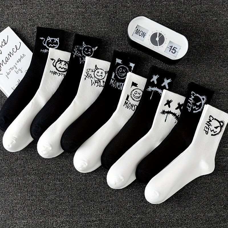 Men's Graffiti Pattern Crew Socks 3/5/8/10 Pairs Breathable Comfortable Outdoor