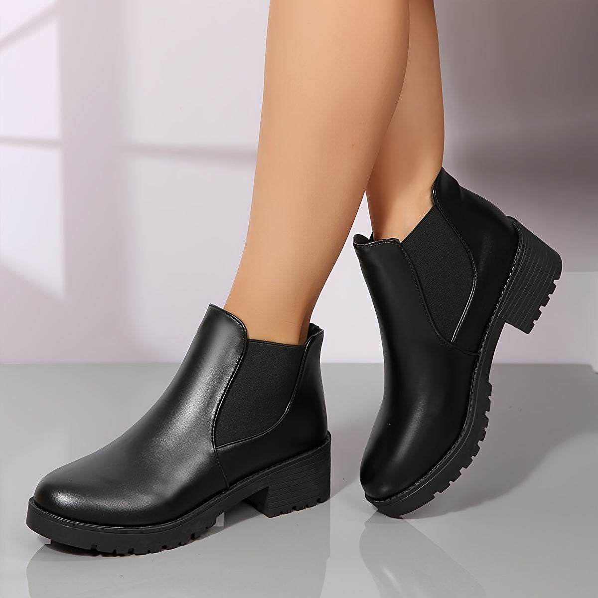 Women's Chunky Heel Ankle Boots Slip-On Round Toe Mid-Calf Leather Shoes