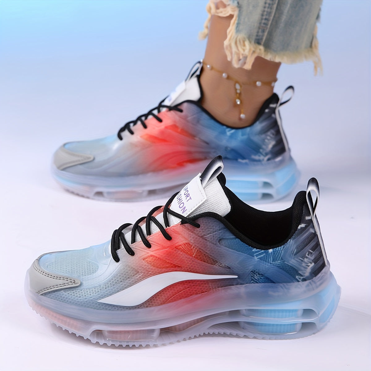 Breathable Mesh Sneakers Lightweight Casual Sports Shoes Blue White Gradient Low Top