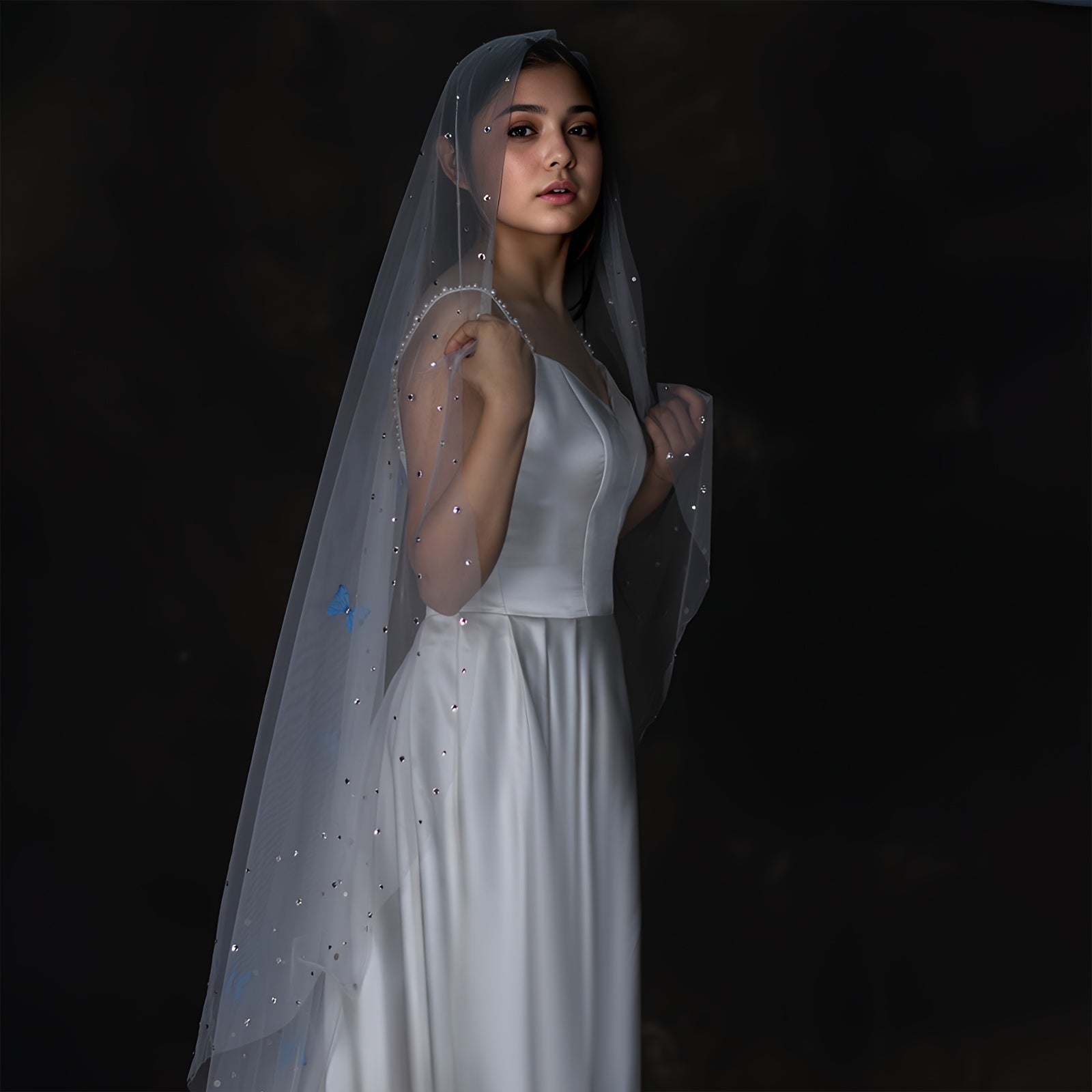 Bridal Veil Cathedral Style Nylon Rhinestone Blue Butterfly Wedding Accessory