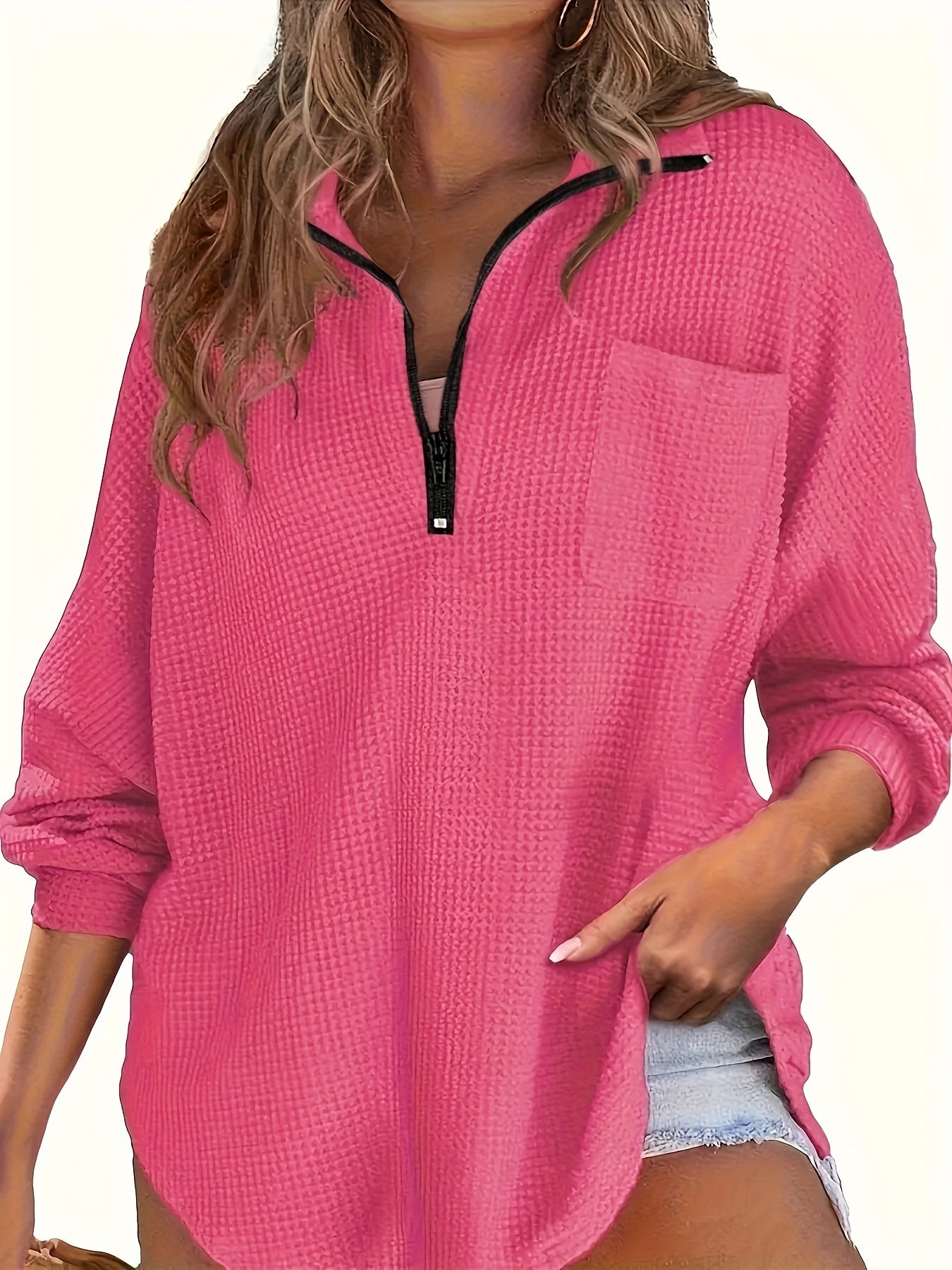 Plus Size Knit Pullover Sweatshirt Zipper V-Neck Polyester Spandex Solid Fall Winter