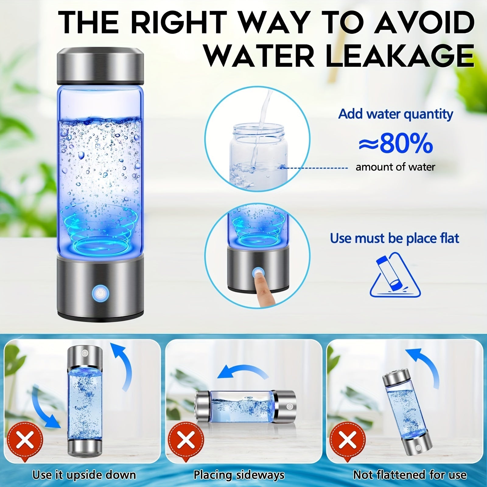 Portable Hydrogen Water Bottle with 1000mAh Battery, Rechargeable, Travel Use