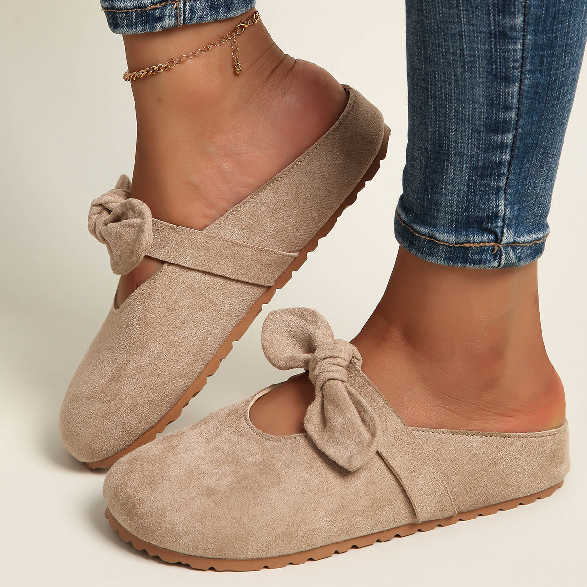 Women's Slip-On Mule Shoes with Bow, Soft Fabric, Yellow Flats