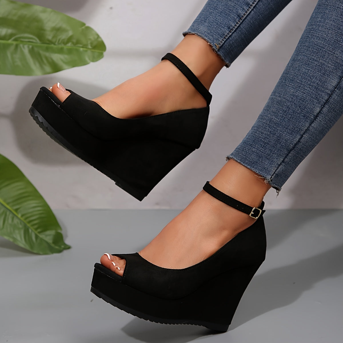 Women's Ankle Strap Platform Heels Open Toe Sandals Black Red Durable Footwear