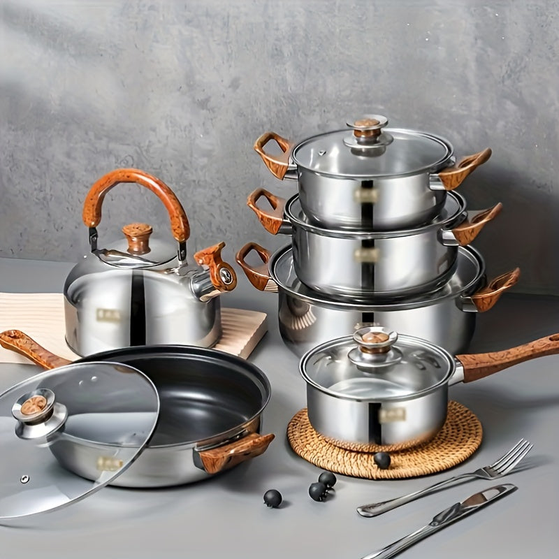 12-Piece Stainless Steel Cookware Set with Black Handles Non-Electric Kitchen Essential