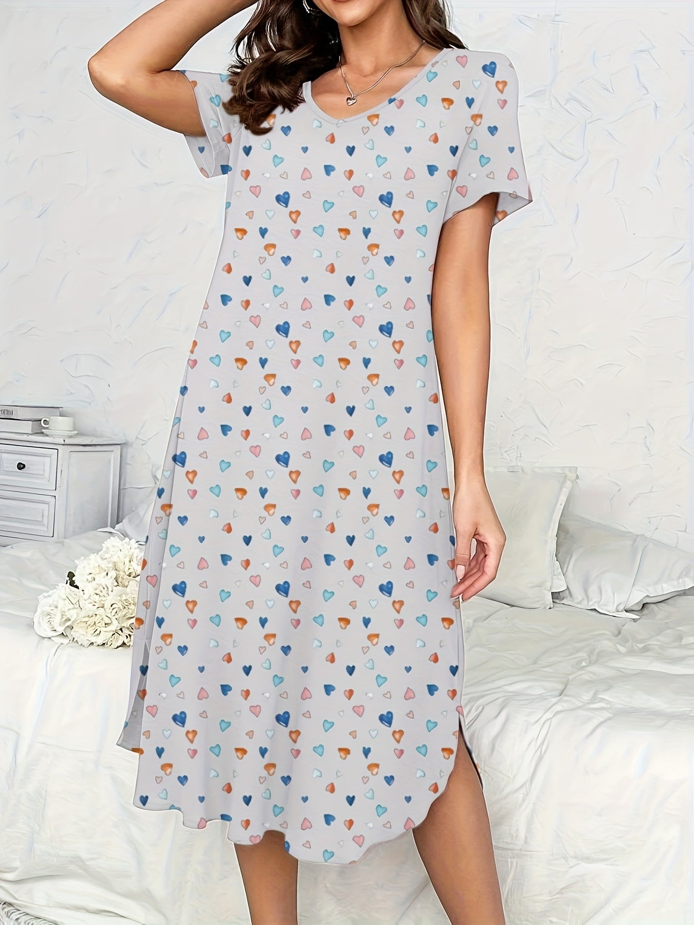 Women's Long Heart Print Cotton Casual Maxi Sleep Dress