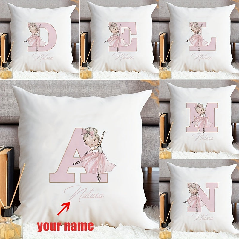 Customized Velvet Pillowcase with Ballet Girl Design Pink Initials Sofa Decor Single-Sided Print