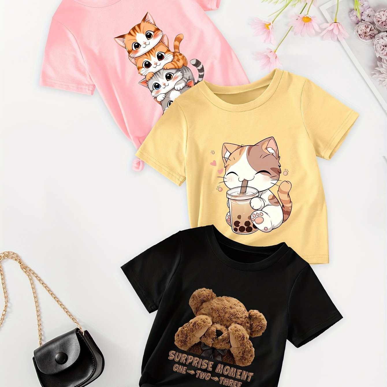 Girls' Casual T-Shirt Set 3pcs Summer Leopard Print Love Letter Butterfly Age 12 and Under