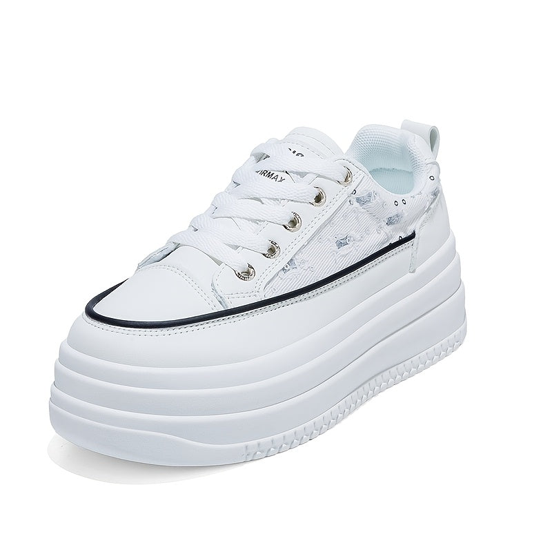 Women's Casual White Sneakers Low-Top Lace-Up Breathable Fabric