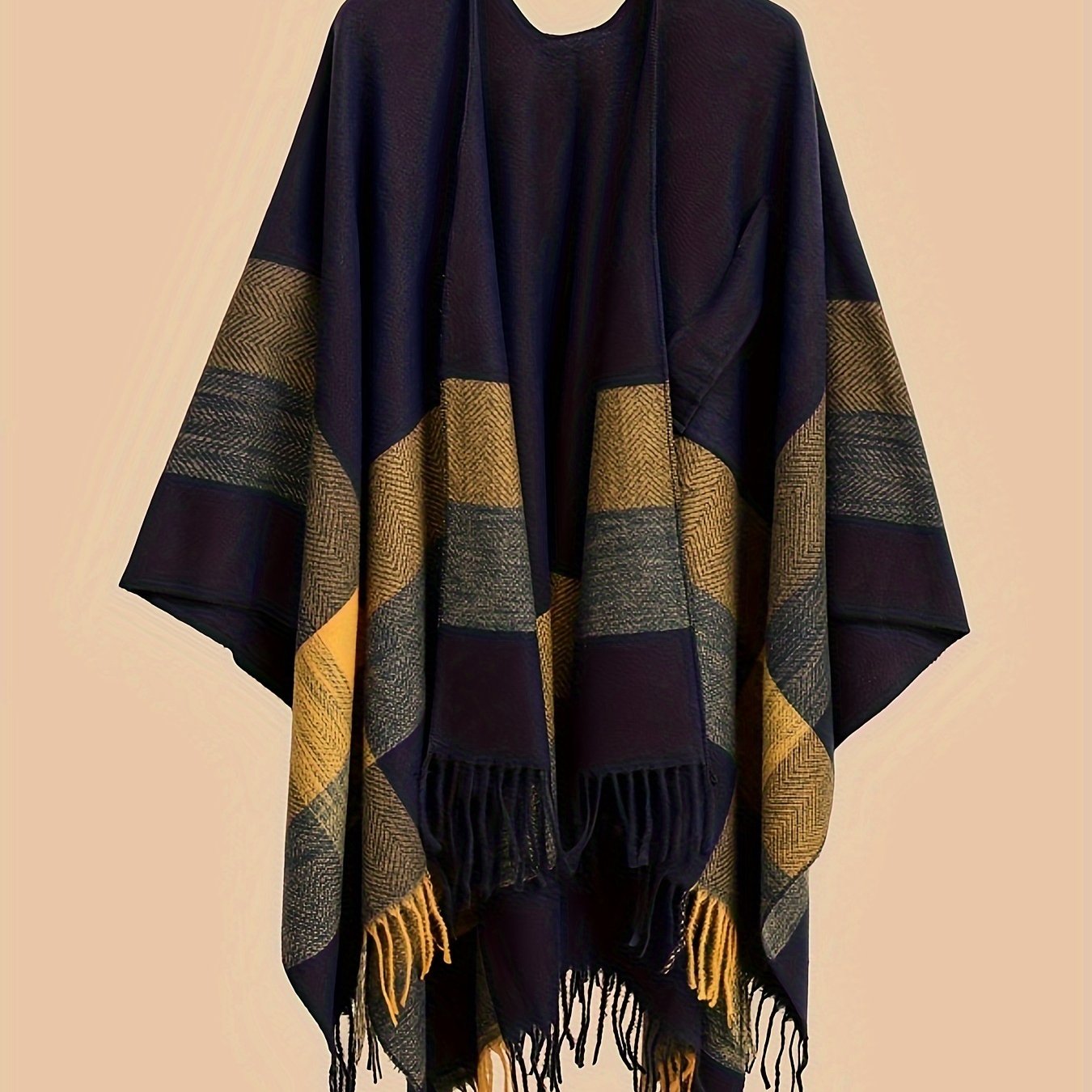 Plus-Size Open-Front Fringe Shawl Cardigan Casual Cape Sweater for Autumn Winter