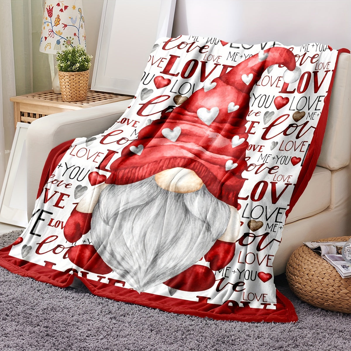 Gnome Themed Fleece Blanket with Love Letters for Couch Sofa Bedding Decor