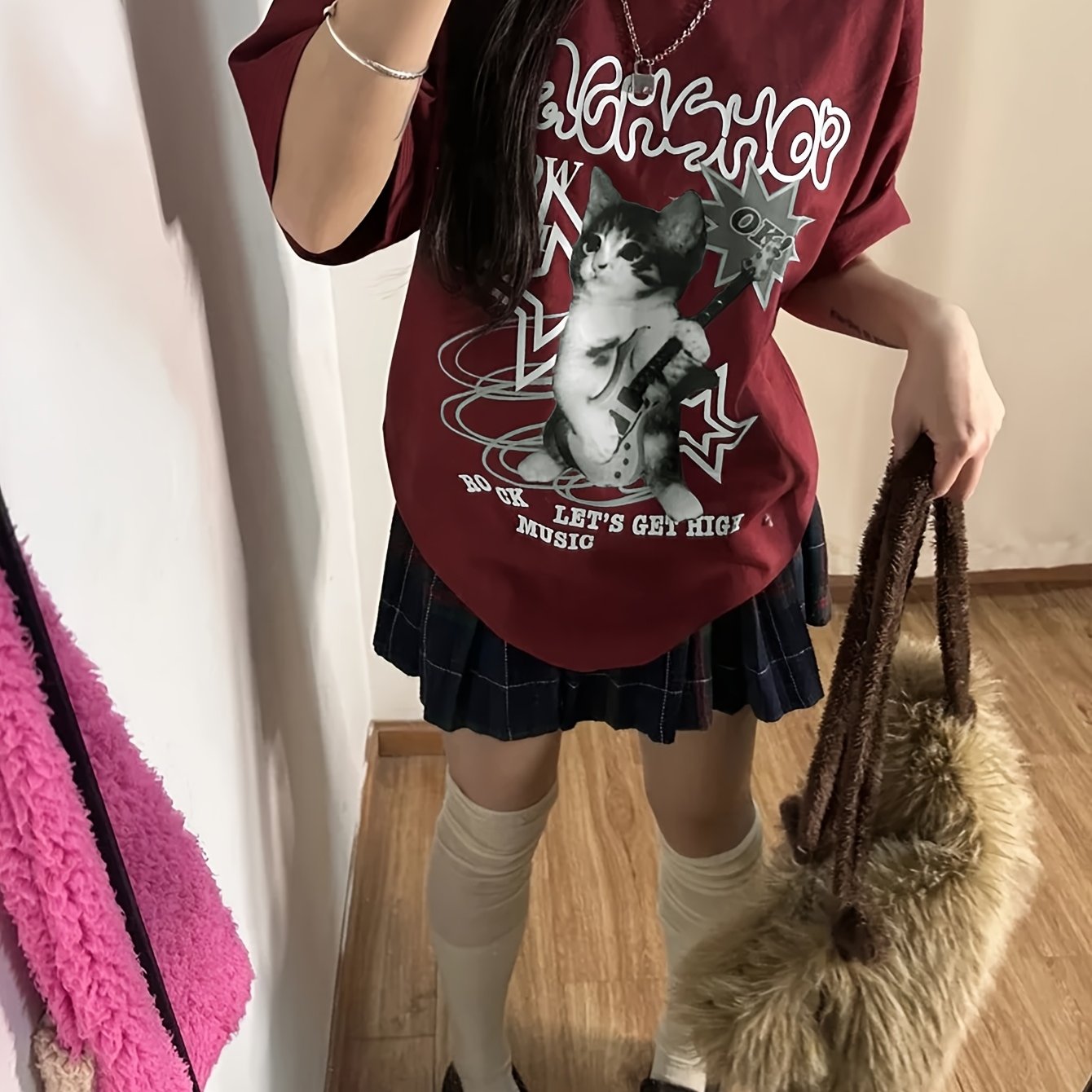 Women's Y2K Maroon Graphic T-Shirt with Black Cat and Artistic Lettering