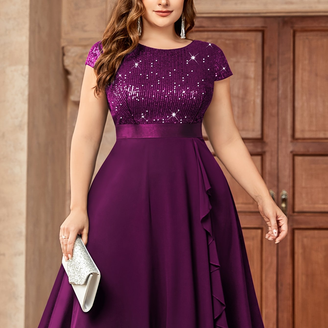 Plus Size Women's Sequin Dress with Ruffle Short Sleeve Party Wear