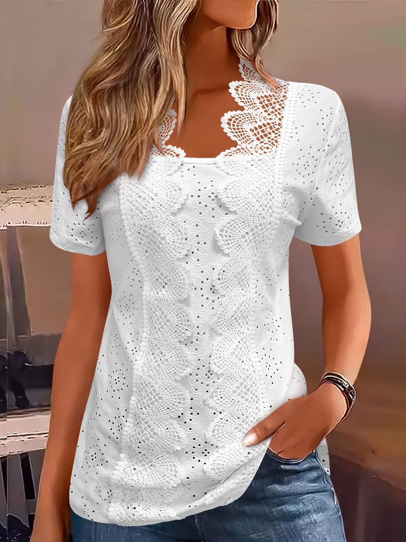 Blusa de manga corta de encaje blanco para mujer talla grande, casual, verano, transpirable, poliéster