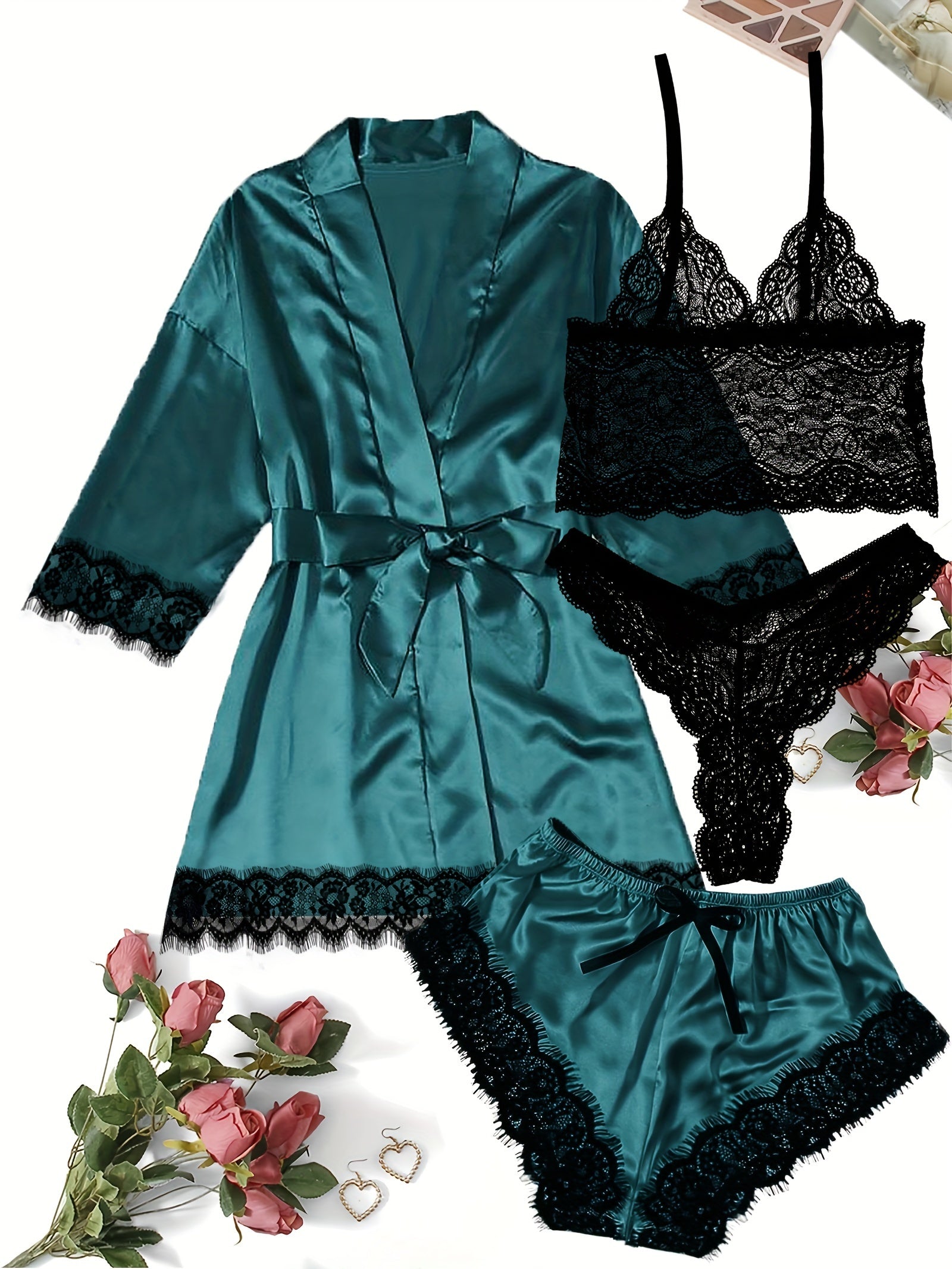 Women's Loungewear Set with Lace Detailing Robe V-Neck Cami Shorts and Panties