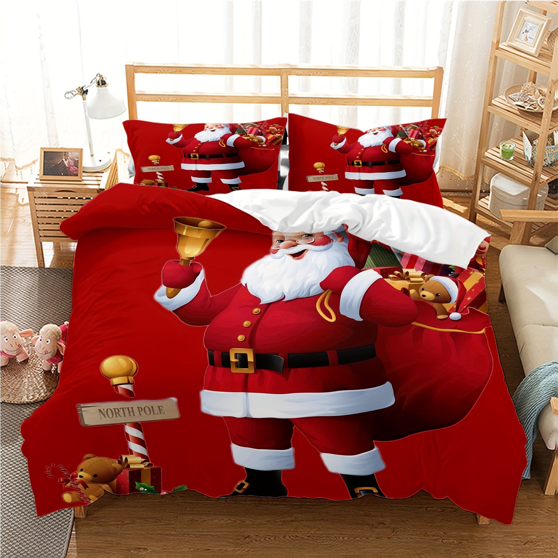 3-Piece Christmas Duvet Cover Set Santa Claus Microfiber Bedding with Pillowcases