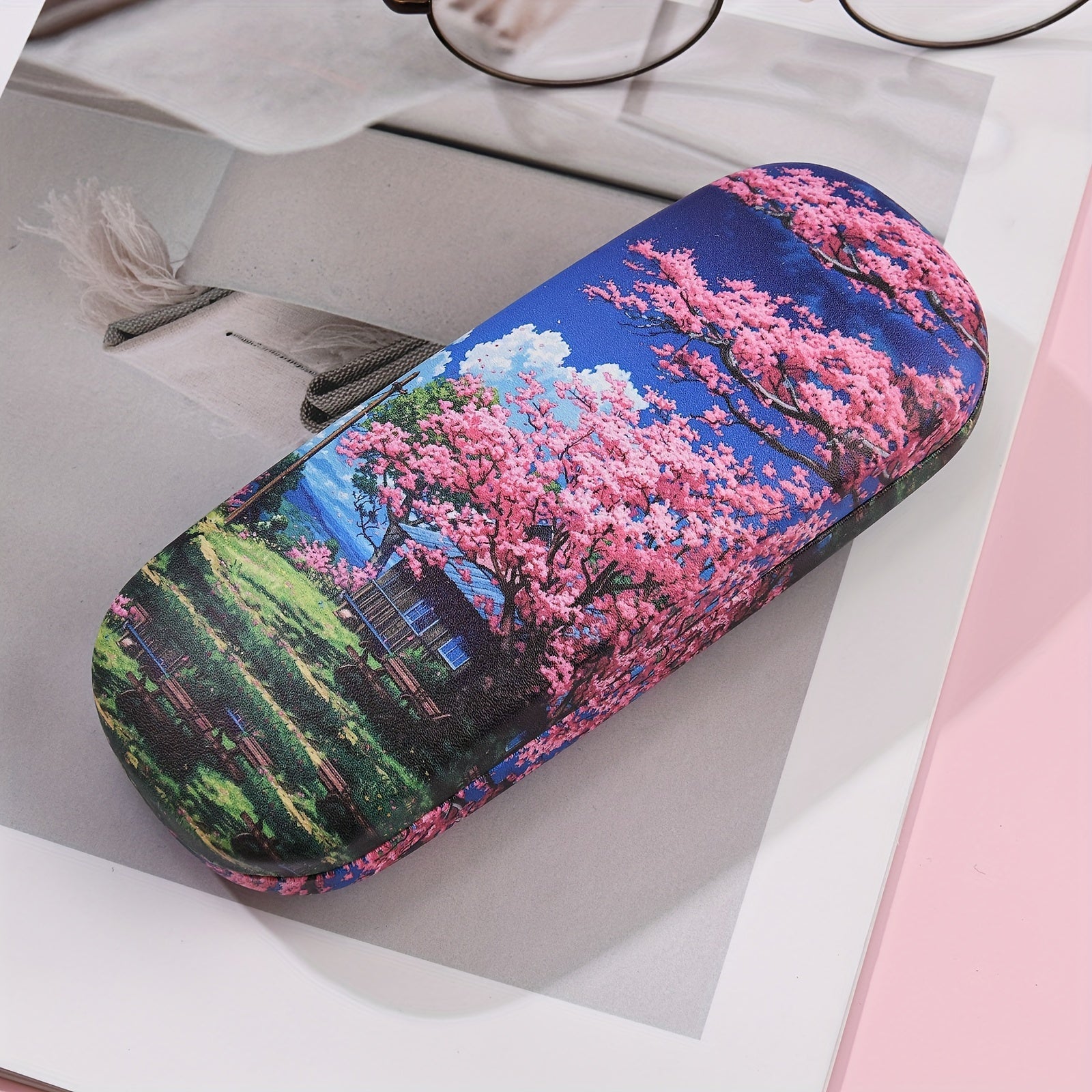 Fashion Glasses Case Cherry Blossom Print Semi-Hard Storage Box for Eyewear