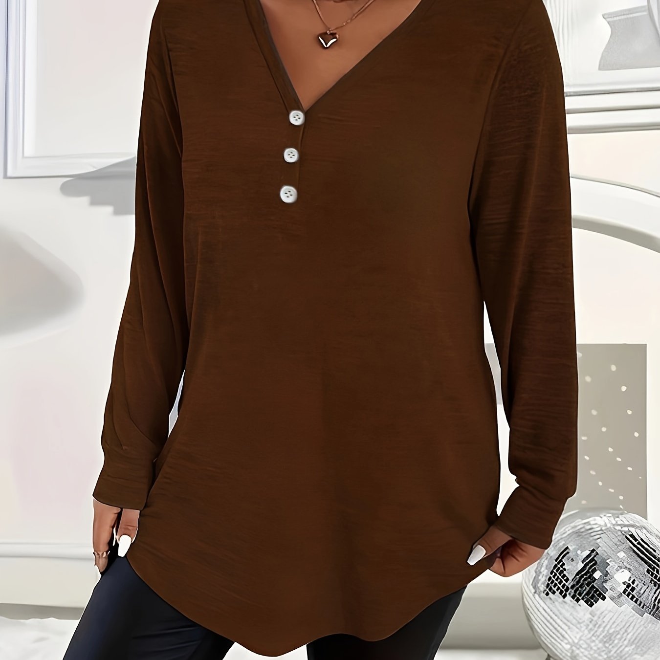 Women's Plus Size V-Neck Long Sleeve Top Polyester Knit Solid Color Fall Winter
