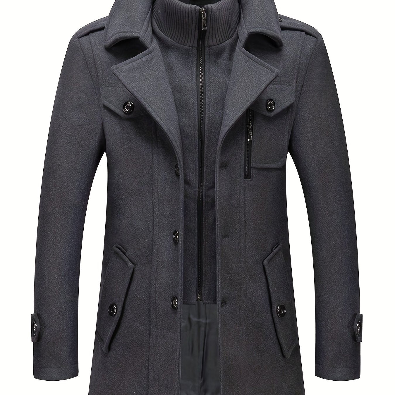 Plus Size Men's Double Collar Wool-Polyester Jacket with Faux Pockets for Fall Winter