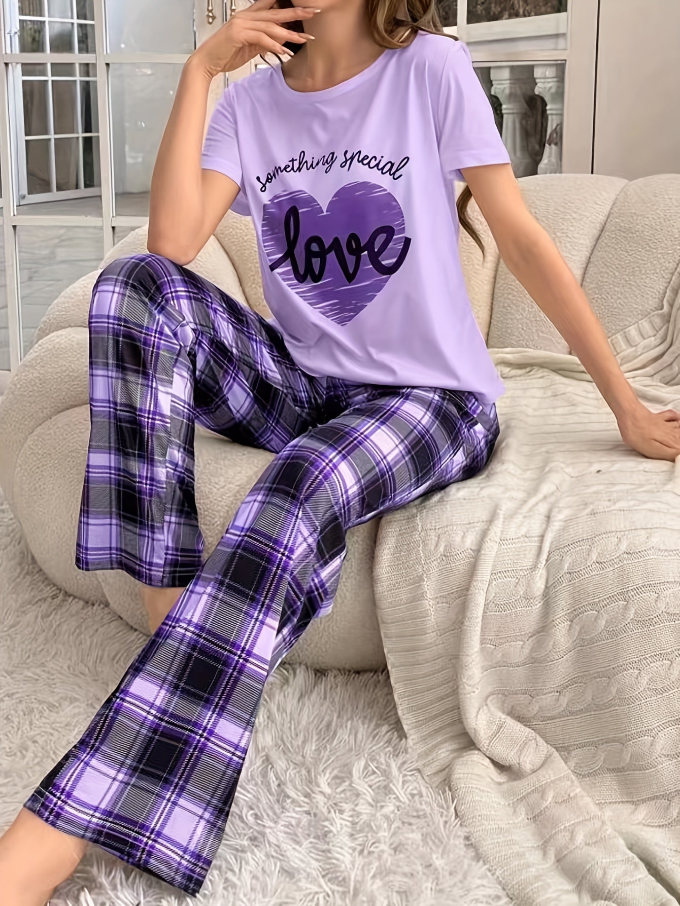 Women's Casual Heart Letter Print Pajama Set Short Sleeve Top Plaid Pants