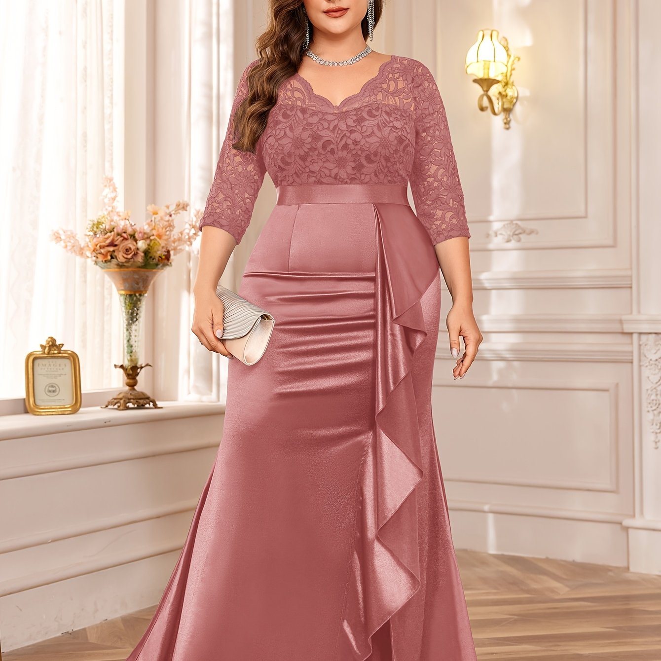 Women Navy Blue Lace-Trim V-Neck Mermaid Gown Ruffle Side Slit