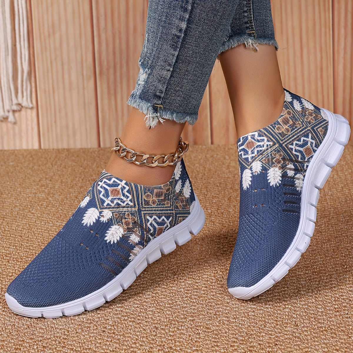 Women's Blue Knit Fabric Slip-On Sneakers with White Floral Patterns and EVA Sole