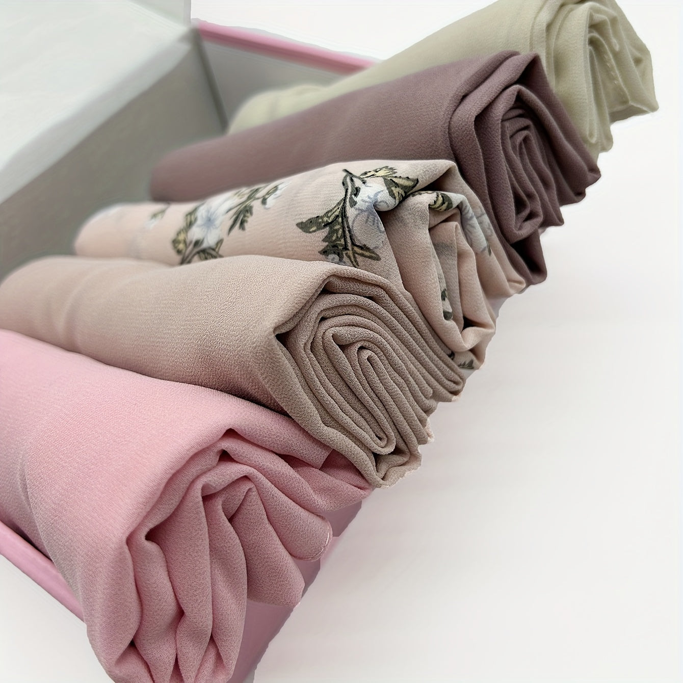 Boxed Muslim Headscarves Set with 5 Chiffon Solid and Printed Scarves and Clips