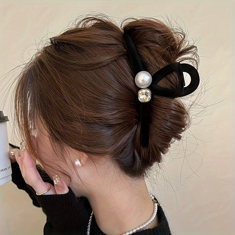 Large Velvet Pearl Hair Claw Clip with Crystals and Ribbon Bow for Women