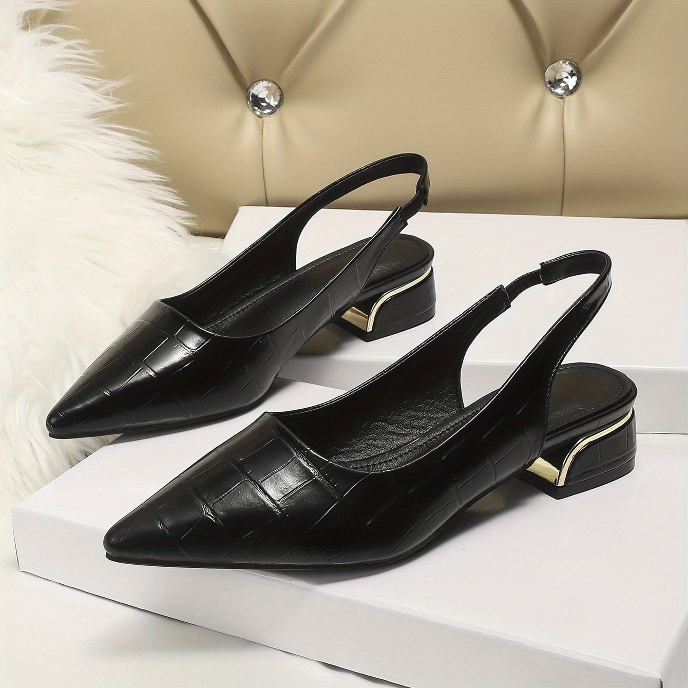 Women's Low Heel Slingback Shoes with Pointed Toe and Elastic Strap for Office